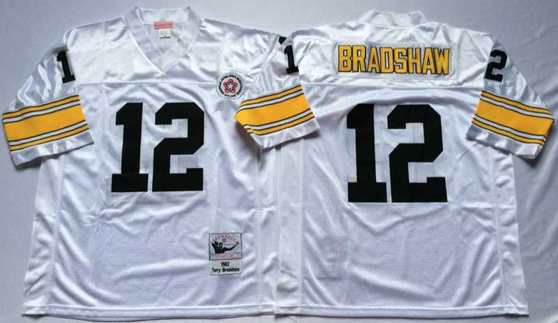 Steelers 12 Terry Bradshaw White M&N Throwback Jersey->nfl m&n throwback->NFL Jersey
